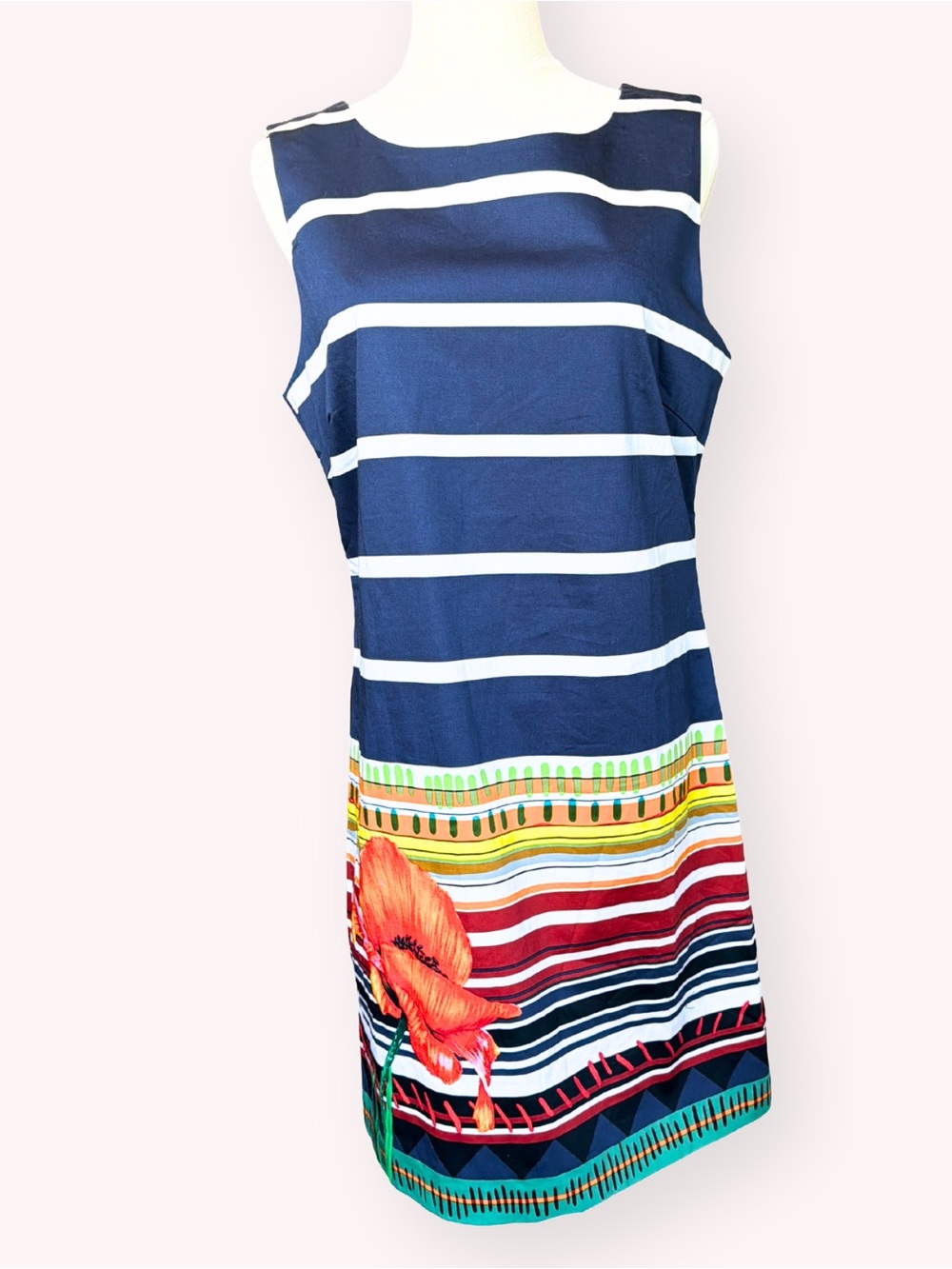 NWT Desigual Ari Shift Dress Striped Floral Poppy Navy Blue White Size 42